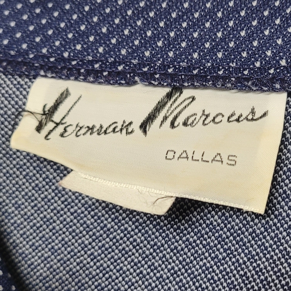 Herman Marcus 60s Vintage Blue White Polka-dot Dagger Collar Midi Wrap Dress 8 - Picture 11 of 12